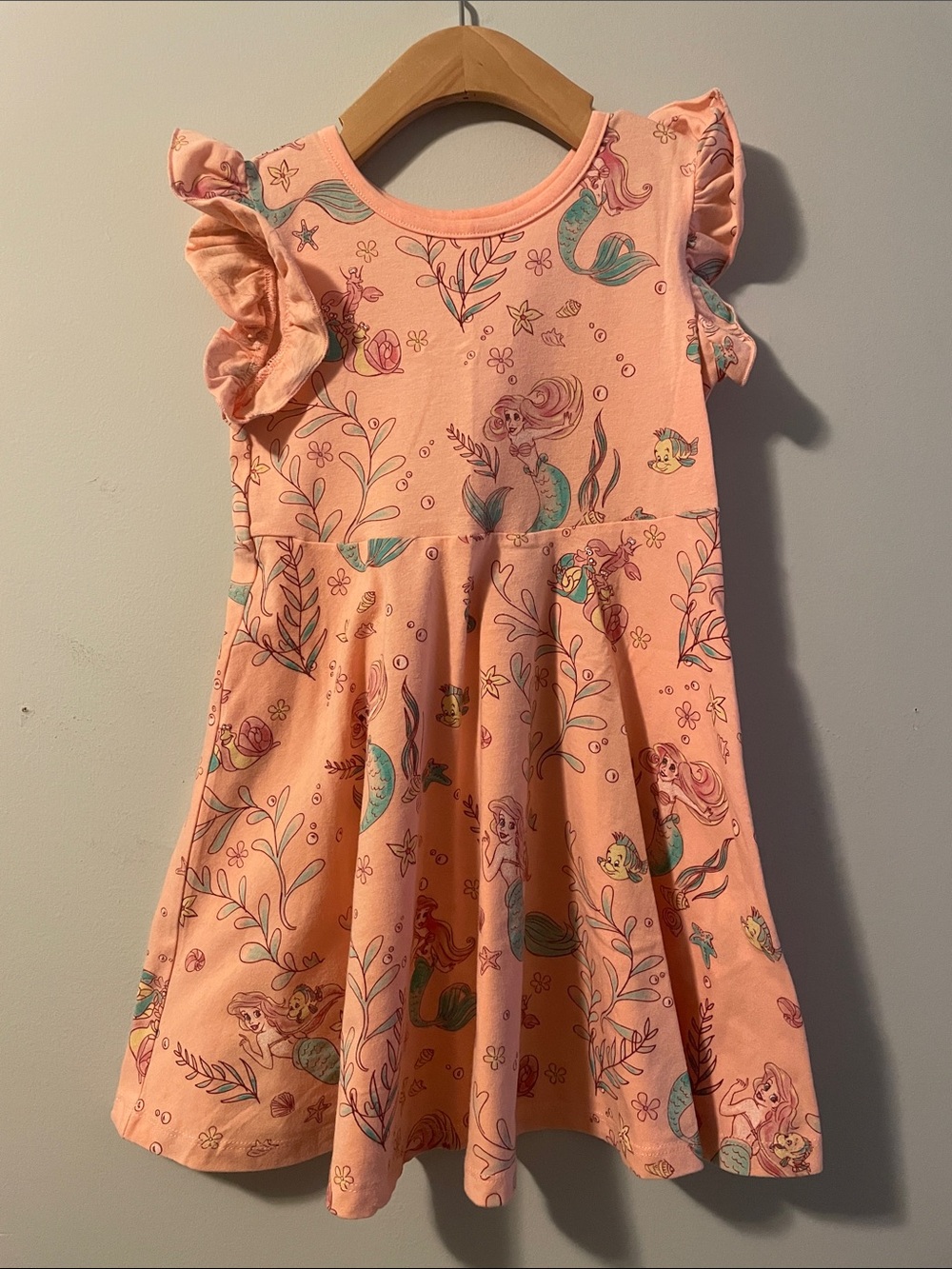 Disney Princess Ariel, girls 5T peach dress. Ariel, flounder Sebastion print.